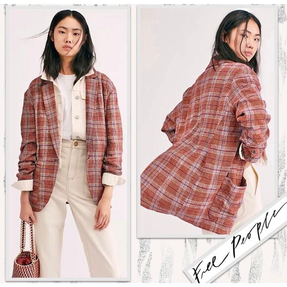 Free People Simply Plaid Blazer in Pomegranite - Size: L - NWT - Picture 1 of 7